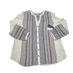 Liverpool Los Angeles Womens XL Vintage White Boho Striped Gauze Tunic Top NWT